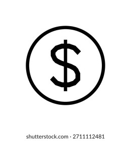 Ícone simples de sinal de dólar preto e branco dentro de um círculo
