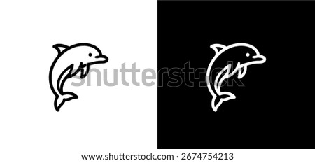 Simple black and white dolphin illustration in clean line art style. Perfect for marine themes, logos, icons, kids designs, and vector graphics.
