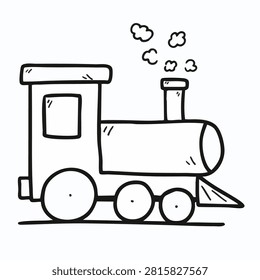 A simple black and white doodle of a classic steam engine train with smoke coming out of the chimney