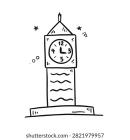 A simple black and white doodle of a clock tower with wavy lines and stars isolated on a white background