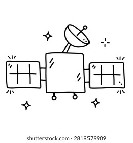 A simple black and white doodle of a communication satellite with solar panels and a radar dish surrounded by small stars