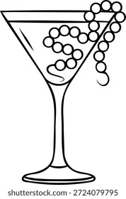 Simple black and white doodle of an elegant martini decorated with Mardi Gras beads. Sketch style icon for carnival cocktail party