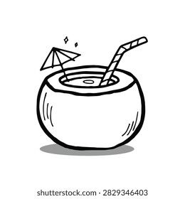 A simple black and white doodle of a fresh coconut drink served with a cocktail umbrella and a striped straw, isolated on a white background.