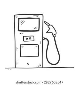 A simple black and white doodle of a fuel dispensing machine with a nozzle and hose isolated on a white background