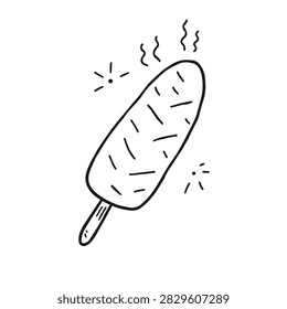 A simple black and white doodle of a hot corn dog on a stick with steam rising and decorative sparkles around it