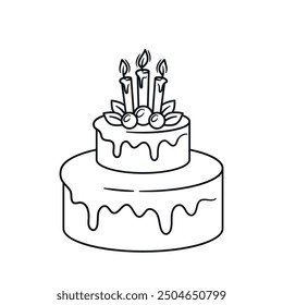 Simple Ilustración De Doodle En Blanco Y Negro De Un Pastel De Cumpleaños Con Tres Velas Y Decoraciones En La Parte Superior