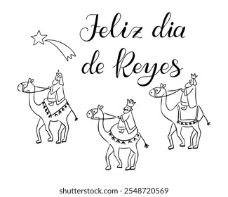 Simples ilustração de doodle preto e branco celebrando o Dia de Três Reis com três homens sábios em camelos e estrela. Caligrafia desenhada à mão parabenizando o texto em espanhol. Desenhos isolados do vetor