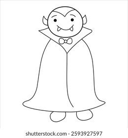 Simples ilustração em preto e branco de um vampiro de desenho animado em uma capa. O Conde Drácula é retratado em um estilo minimalista.