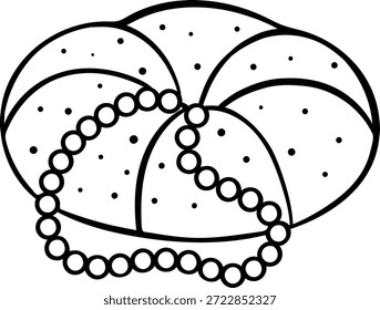 Simple black and white doodle of a King Cake decorated with beads. Sketch style icon for Mardi Gras, carnival dessert, tradition