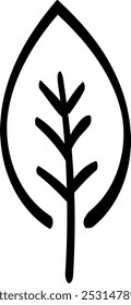 Simple black and white doodle of a leaf with an elongated oval shape and symmetrical vein pattern.
