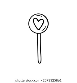 Simple black and white doodle lollipop. Vector stock image isolated on white background. Single doodle clipart. Picture for sweets and snack illustration, holiday and baby design.   