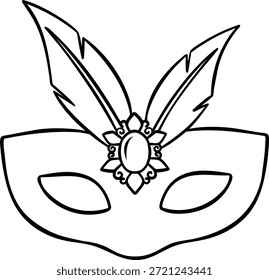 Simples rabiscar preto e branco de uma máscara mascarada com penas. Ícone de estilo de esboço para Mardi Gras, carnaval, mistério ou tema de bola elegante