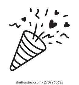 A simple black and white doodle of a party popper releasing hearts and wavy streamers into the air.