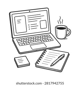 A simple black and white doodle showing a laptop screen next to a steaming mug of coffee and a spiral notebook with a pen