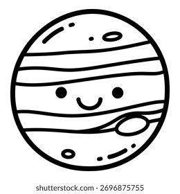 A simple black and white doodle of a smiling egg shaped like Jupiter, with swirling stripes and a small moon.