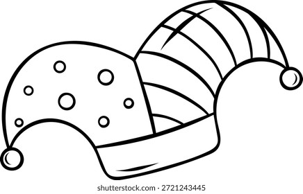 Simples rabiscar preto e branco de um chapéu de bobo listrado e pontilhado. Ícone de estilo de esboço para o Mardi Gras, carnaval ou conceito de dia de tolo
