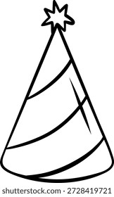 Einfaches schwarz-weißes Doodle eines gestreiften Partyhutes. Skizzenartiges Symbol für Geburtstagsfeier, Mardi Gras oder festlichen Karneval