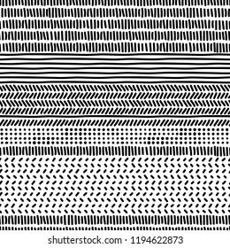 Simple black and white doodle strokes dots and triangles geometric striped seamless patterns set, vector