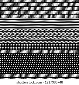 Simple black and white doodle strokes dots and triangles geometric striped seamless patterns set, vector