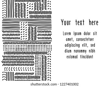 Simple black and white doodle strokes dots and triangles geometric striped banner template, vector