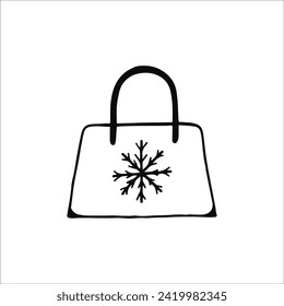 Simple Black and White Doodle of a Tote Bag With Snowflake Design