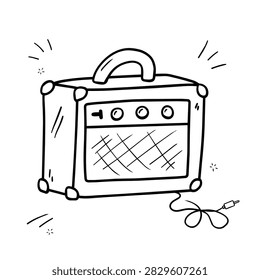 A simple black and white doodle of a vintage style guitar amp with knobs and a cable cord isolated on white background