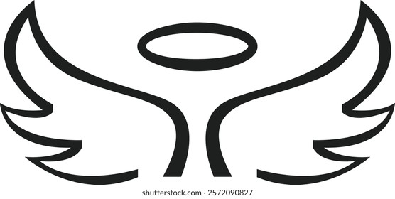 Simple black and white drawing of angel wings rising, with halo, representing spirituality, purity, hope, love, and religious themes, suitable for various design projects