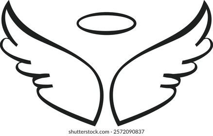 Simple black and white drawing of angel wings and halo representing spirituality, purity, love, freedom, hope, innocence, peace, and good versus evil