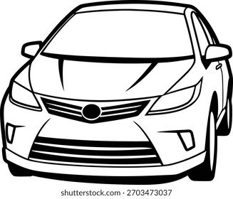 Um simples desenho preto e branco de um carro, mostrando sua vista frontal. O design é moderno e limpo, tornando-o adequado para vários fins. Isolado no fundo branco.