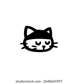 Eenvoudige zwart-wit tekening van het hoofd van een cartoon kat.  De kat heeft gesloten ogen en een eenvoudig, rond gezicht.  De oren en snorharen zijn geschetst