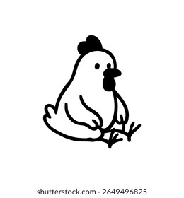 Simple black and white drawing of a cartoon chicken