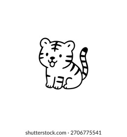 Simple black and white drawing of a cartoon tiger with a happy expression.
