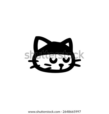 Simple black and white drawing of a cartoon cat's head.  The cat has closed eyes and a simple, rounded face.  The ears and whiskers are outlined