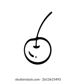 Simple black and white drawing of a cherry with a curved stem and a small highlight on its surface.