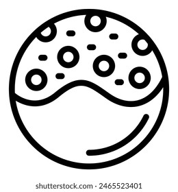 Simple black and white drawing of a classic chocolate chip cookie