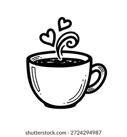 A simple black and white drawing of a coffee cup with hearts rising from the steam