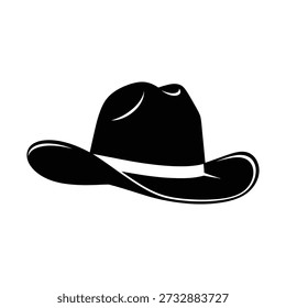 A simple black and white drawing of a cowboy hat with a wide curved brim and indented top