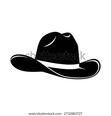 A simple black and white drawing of a cowboy hat with a wide curved brim and indented top