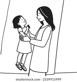 A simple black and white drawing depicting a mother holding her child in a tender embrace, capturing feelings of love, care, and family bonding.