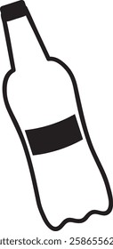 Simple black and white drawing depicting a plastic bottle with a blank label, tilted at an angle and featuring a cap, isolated against a clean white background