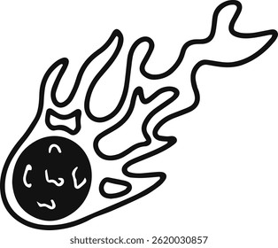 Simple black and white drawing depicting a meteor falling through the night sky, leaving a fiery trail behind, ideal for educational materials or basic illustrations