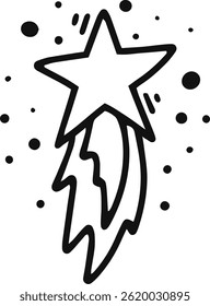 Simple black and white drawing depicting a shooting star streaking across the sky, leaving a shimmering trail of stardust behind, all set against a clean white background