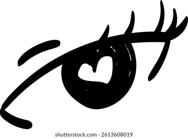 Simple black and white drawing of an eye with a heart-shaped pupil, bold eyelashes, and a curved eyebrow.