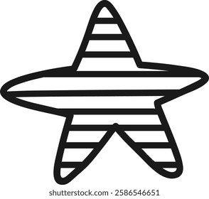 Simple black and white drawing of a five pointed star with horizontal stripes forming a decorative pattern, ideal for various design projects