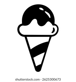 Simple black and white drawing of an ice cream cone with a chocolate drizzle