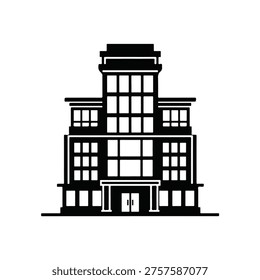 A simple black and white drawing of a large building with multiple stories and numerous windows