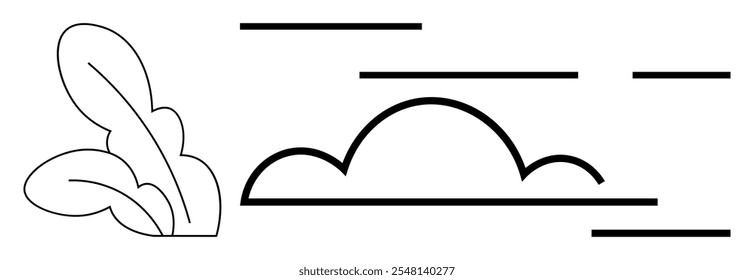 Sencillo dibujo en blanco y negro de hojas a la izquierda y una nube en el centro con líneas Horizontales. Ideal para temas de naturaleza, arte minimalista, conceptos abstractos, decoración moderna y Diseño gráfico