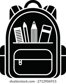 Un simple dibujo en blanco y negro de una mochila abierta con lápices, Regla y borrador.