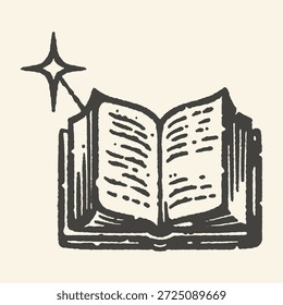 Un simple dibujo en blanco y negro de un libro abierto con una estrella, que representa el conocimiento, la narración y la maravilla.