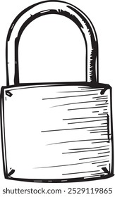 simple black and white drawing of a padlock with a rounded top and a flat rectangular bottom. The drawing has a rough sketched style which gives it a sense of immediacy and a slightly distressed look.